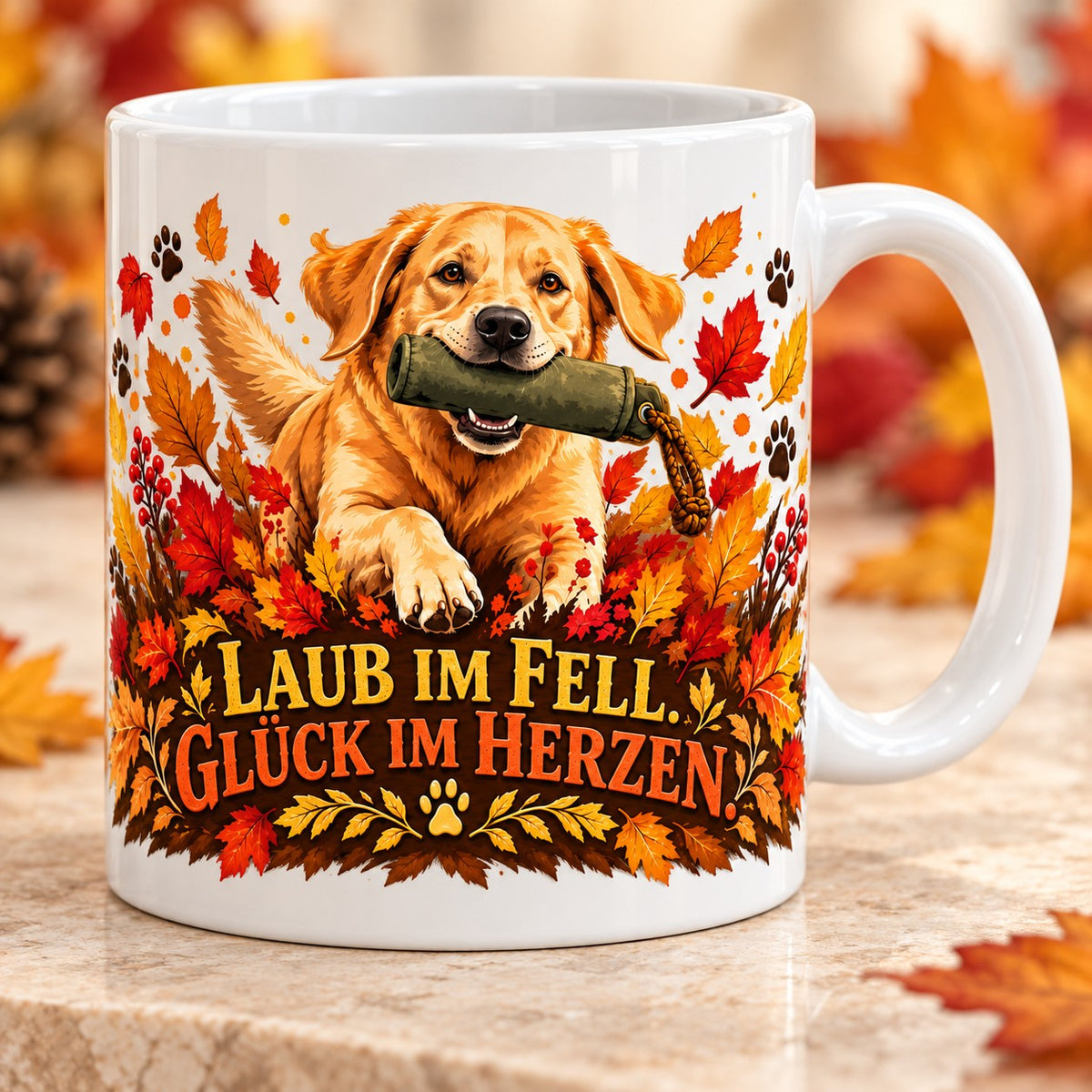 Kaffeetasse Laub im Fell. Glück im Herzen. – ein Labrador Retriever mit Dummy im leuchtenden Herbstlaub