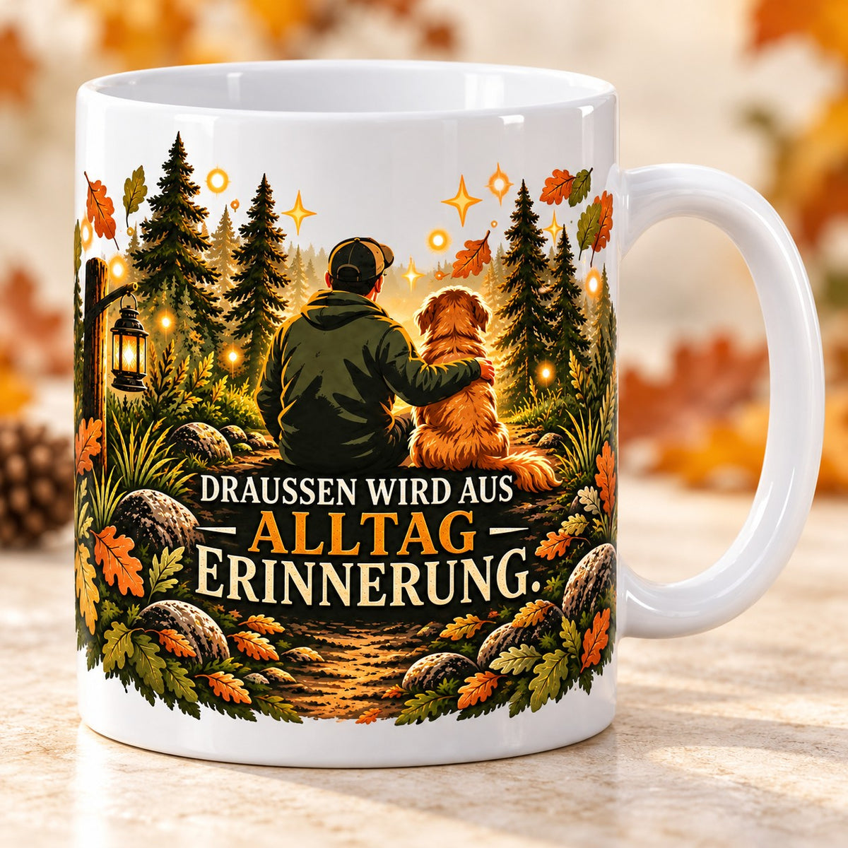 Kaffeetasse Draußen wird aus Alltag Erinnerung. – ein Hundeführer mit seinem Retriever auf dem Weg durch den Herbstwald