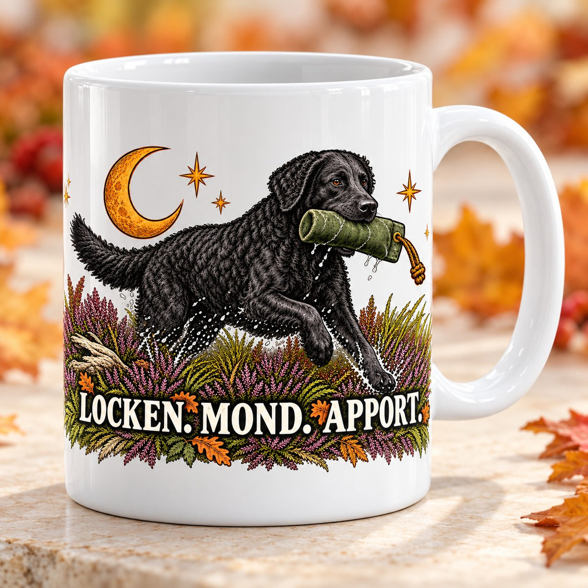 Kaffeetasse Locken. Mond. Apport. – ein Curly Coated Retriever apportiert im Heidekraut unter dem Mond