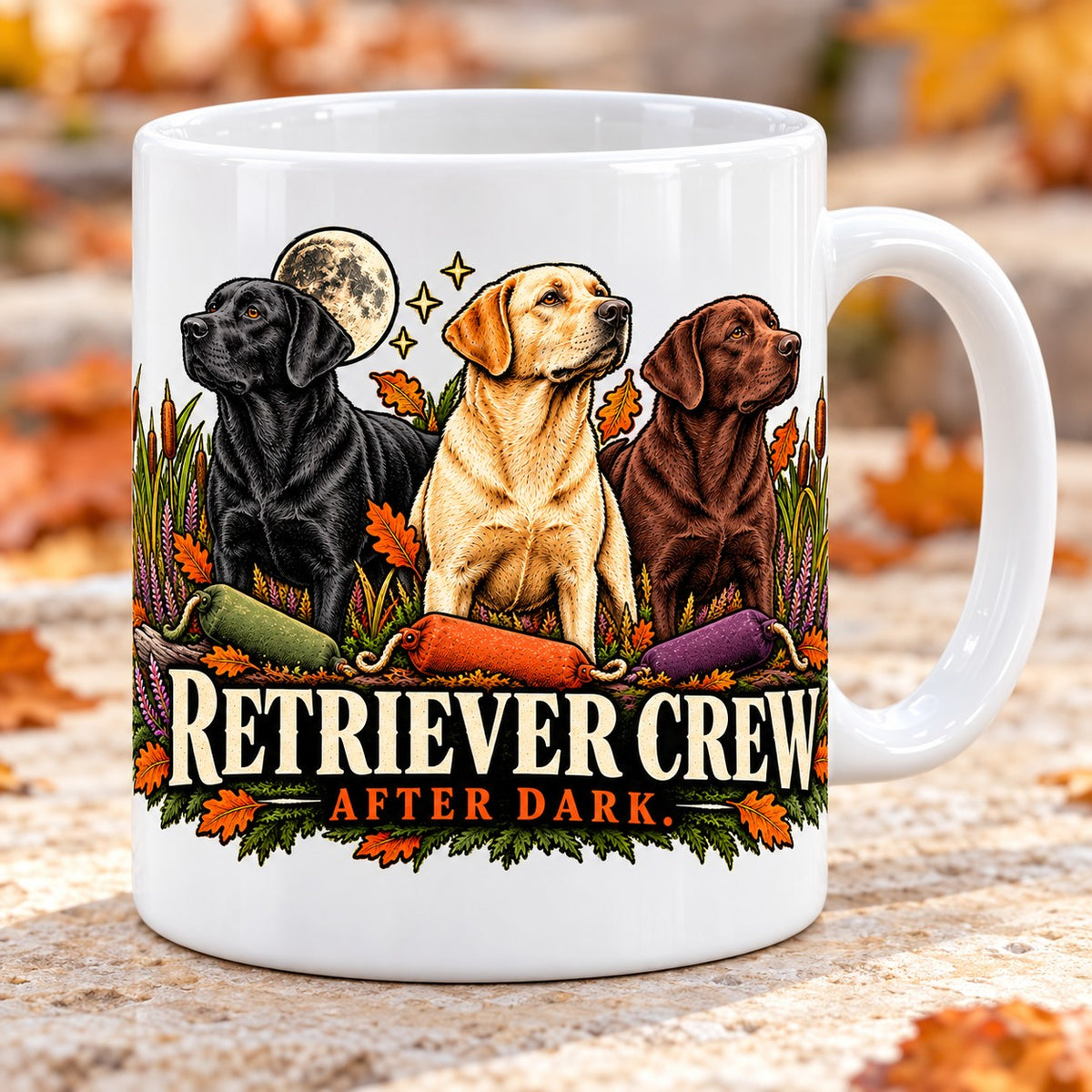 Kaffeetasse Retriever Crew. After Dark. – drei Labrador Retriever als Crew im nächtlichen Herbst