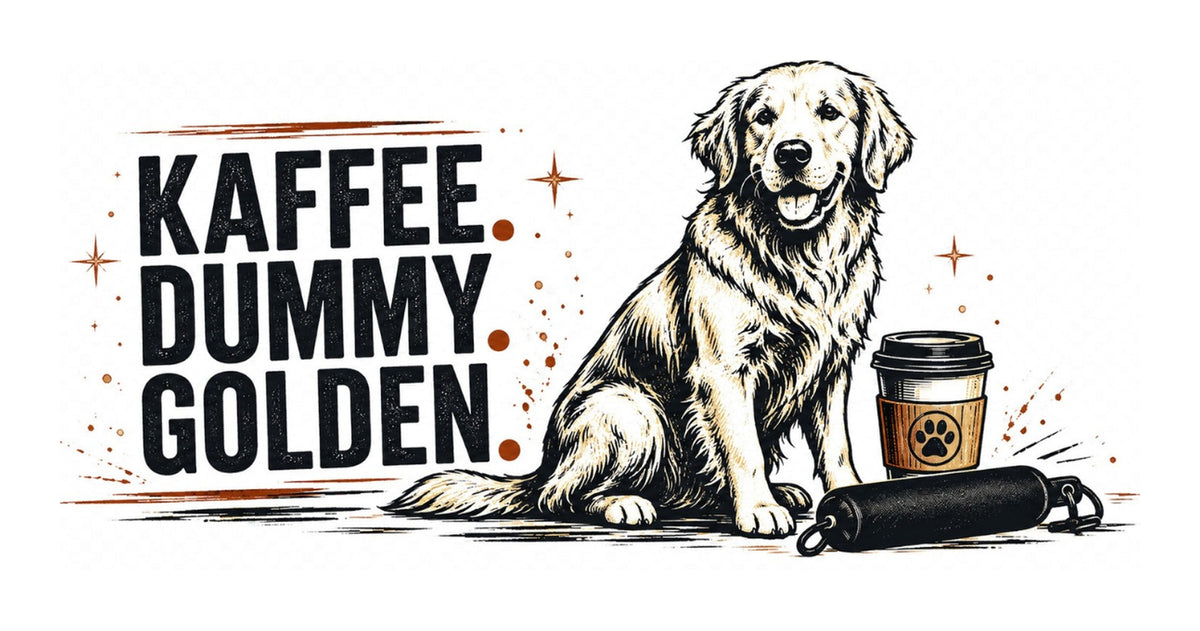 Motiv Kaffee. Dummy. Golden. – Golden Retriever mit Coffee-to-go und Dummy