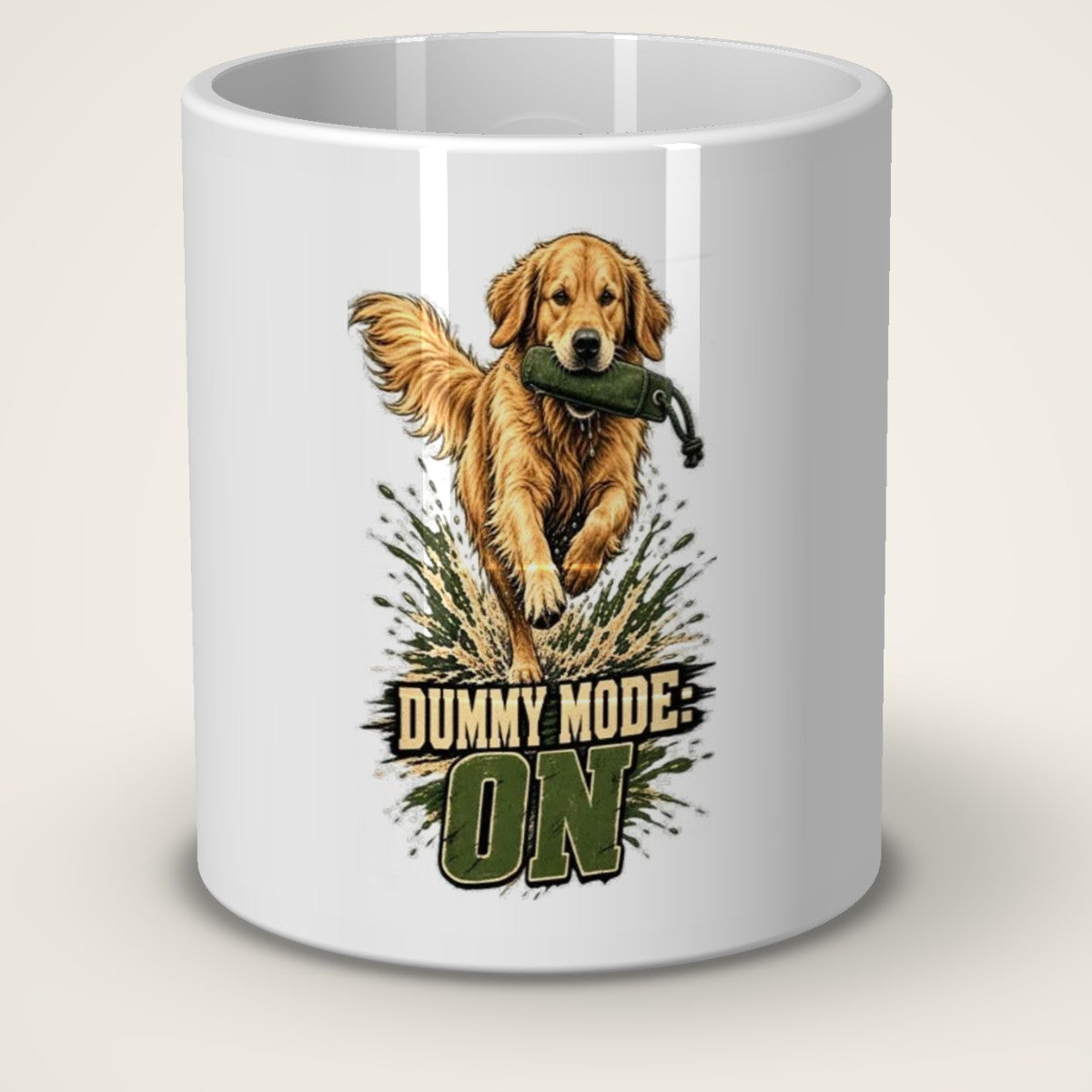 Kaffeetasse Dummy Mode: ON. – Vorderansicht der weißen Keramiktasse