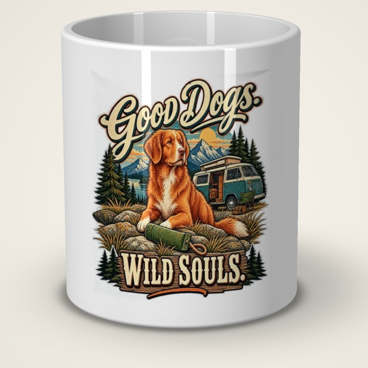 Kaffeetasse Good Dogs. Wild Souls. – Vorderansicht der weißen Keramiktasse