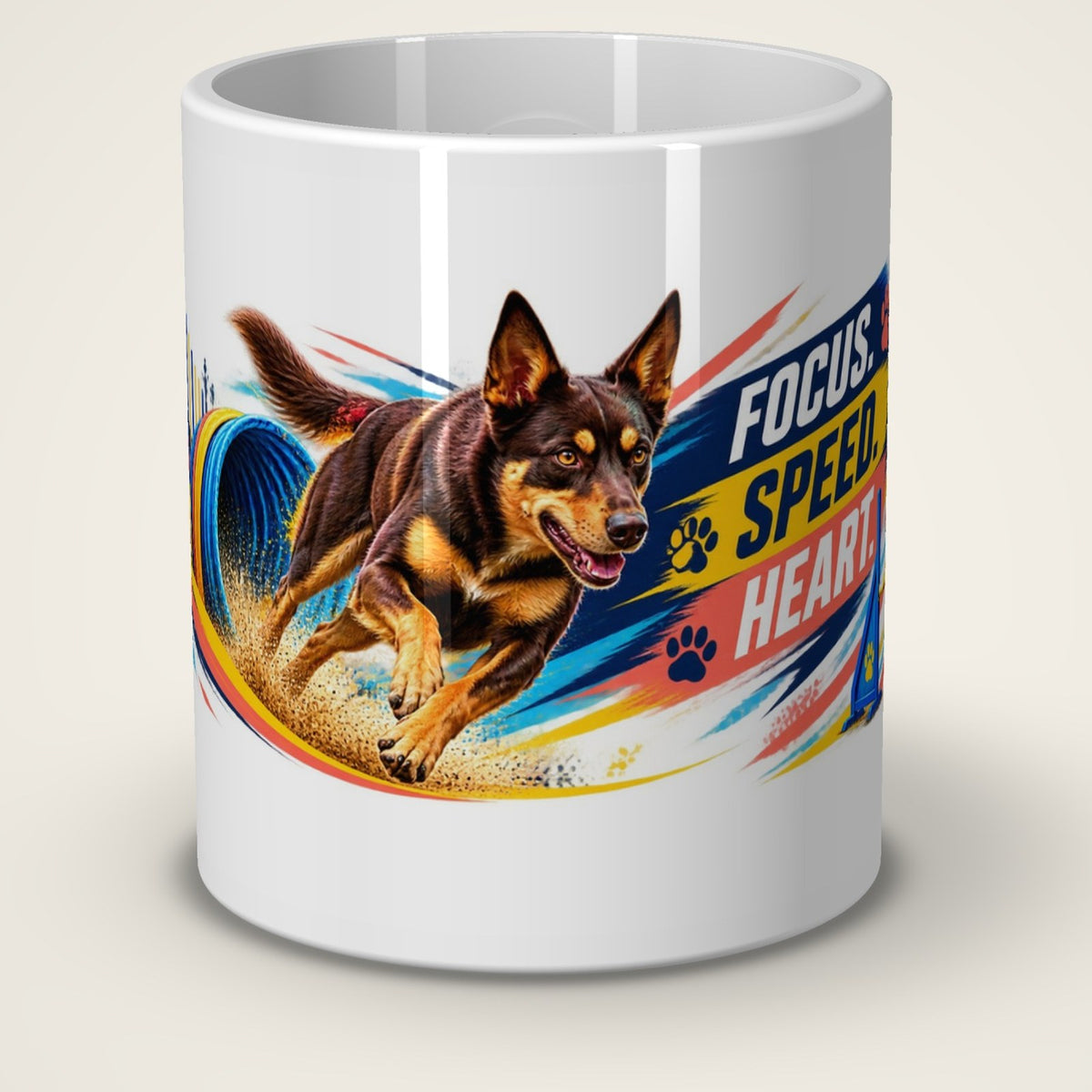 Kaffeetasse Focus. Speed. Heart. – Vorderansicht der weißen Keramiktasse