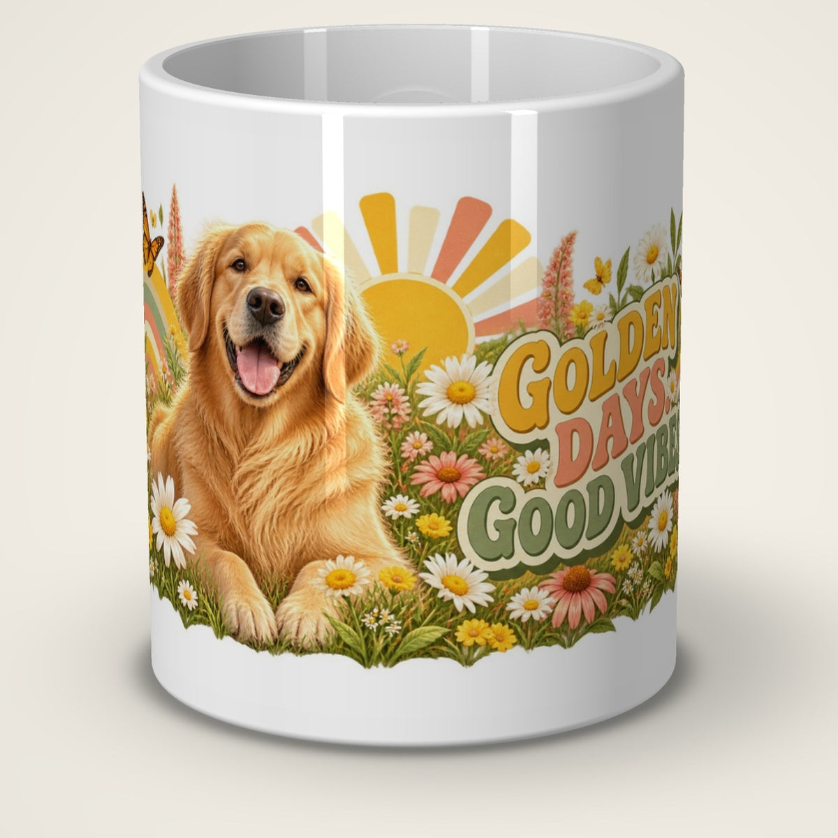 Kaffeetasse Golden Days. Good Vibes. – Vorderansicht der weißen Keramiktasse
