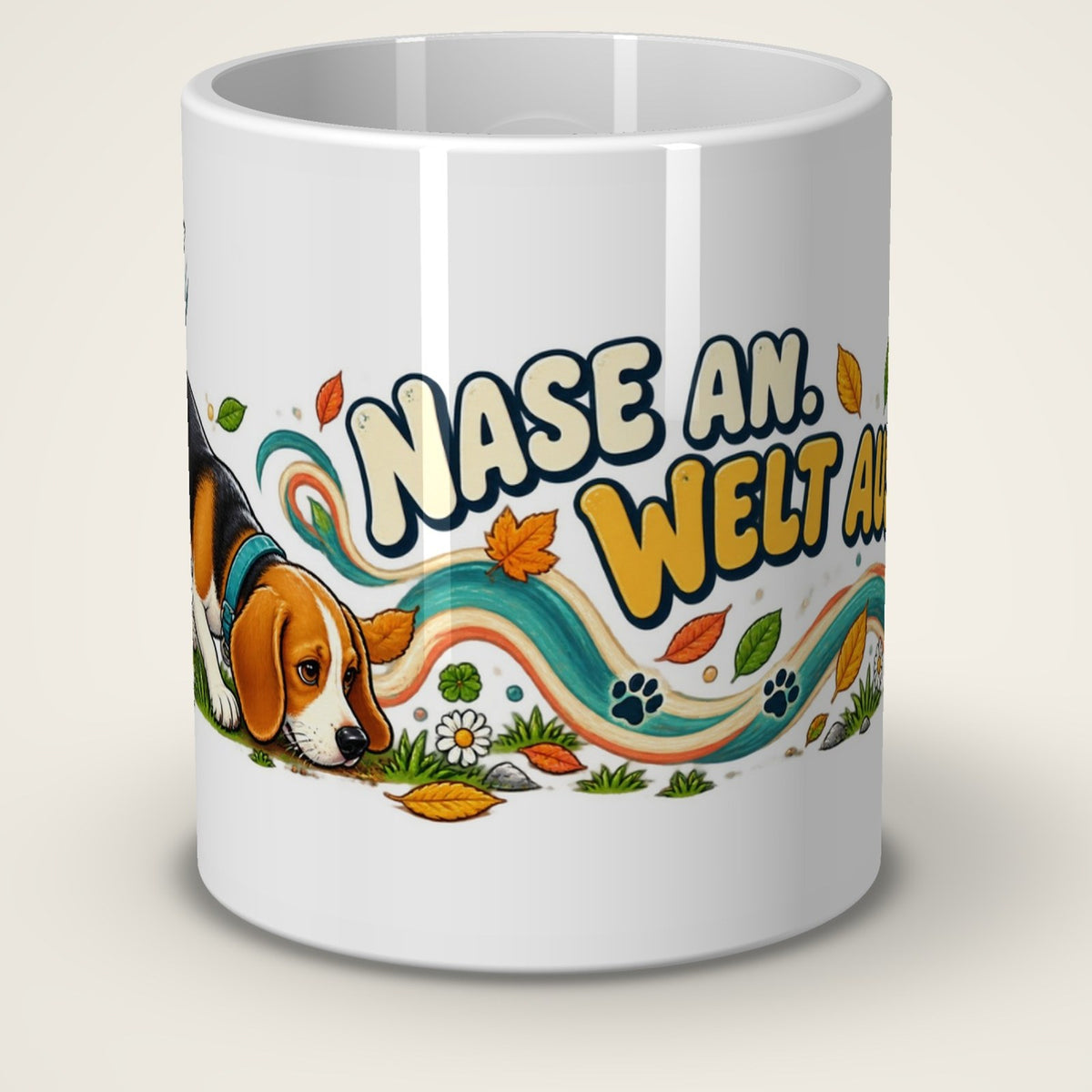 Kaffeetasse Nase an. Welt aus. – Vorderansicht der weißen Keramiktasse