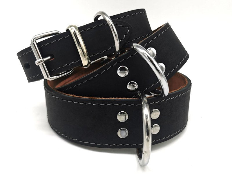 Schwarzes Hundehalsband, geöltes Rindsleder, von 26 bis 70 cm Halsumfang, personalisierbar